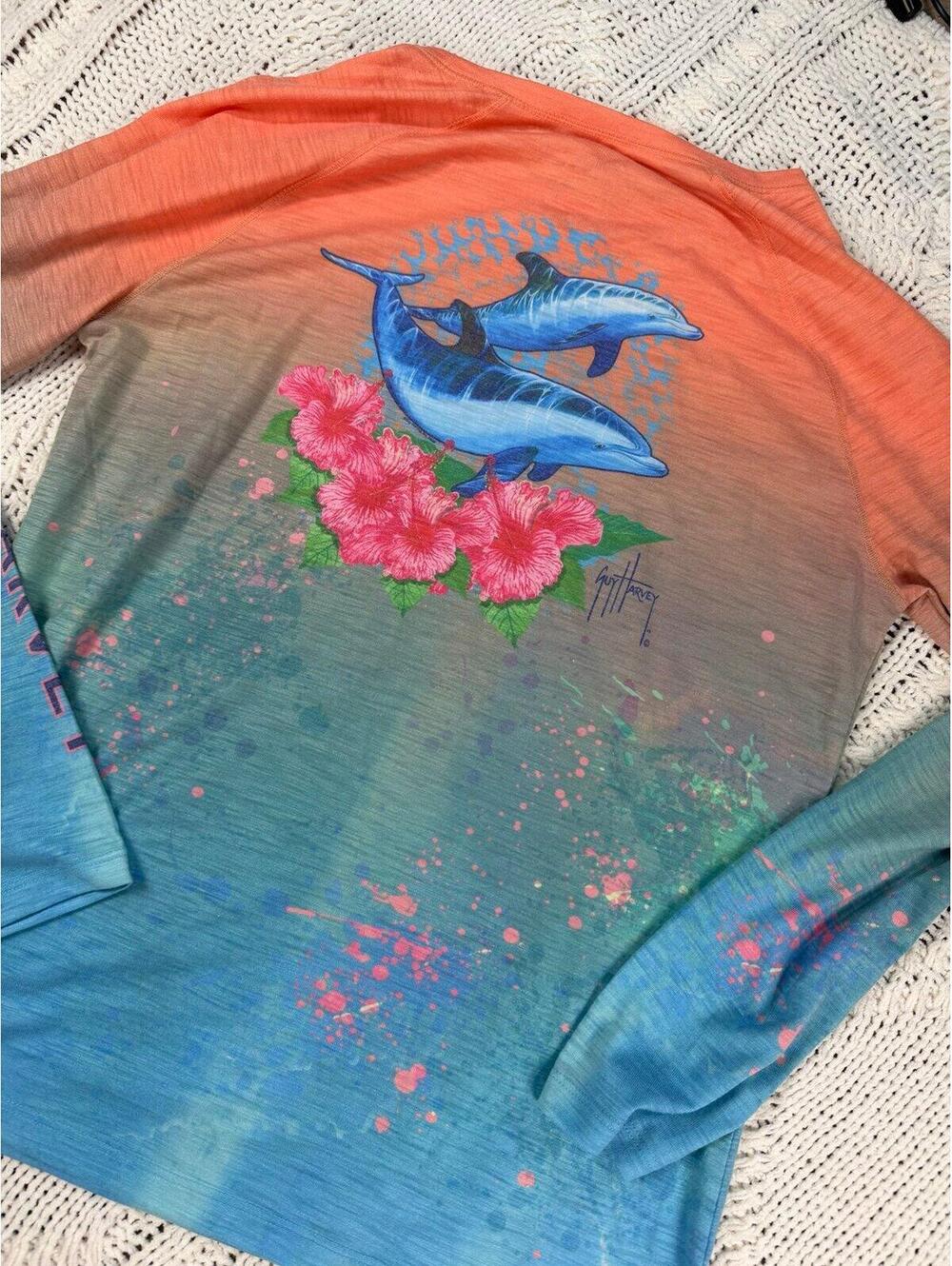 Guy Harvey Ladies Raglan Slub Shirt Dolphin Print Size Large Beach Coastal